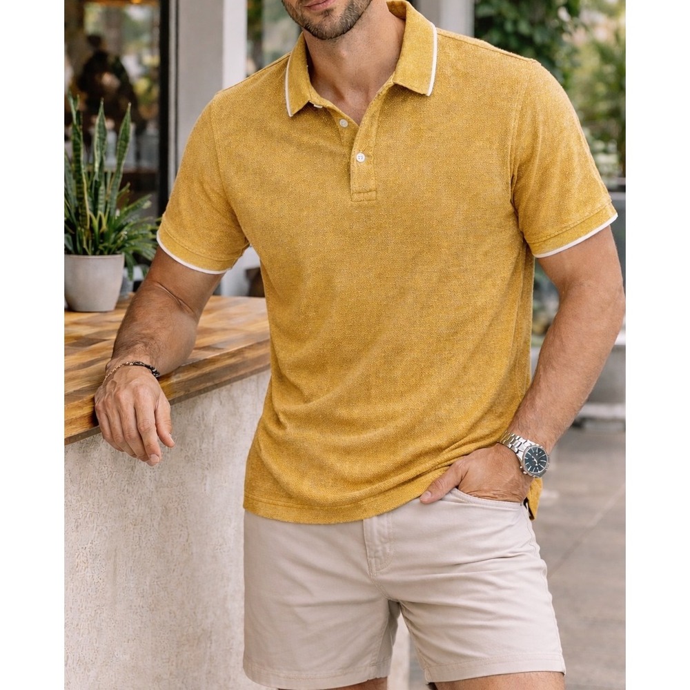 Goodfellow & Co Mens Mustard‎ Yellow Textured Short Sleeve Polo Shirt Large